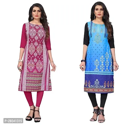 SANSKRUTI FASHION Women's Crepe Digital Print Straight Kurta(Pack of 2) (XXL, DEEPPINKBabyblue)-thumb0