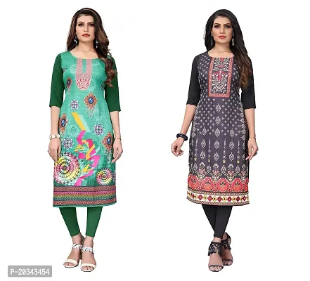 SANSKRUTI FASHION Women's Crepe Digital Print Straight Kurta(Pack of 2) (L, DarkGreenREDBLACK)-thumb0