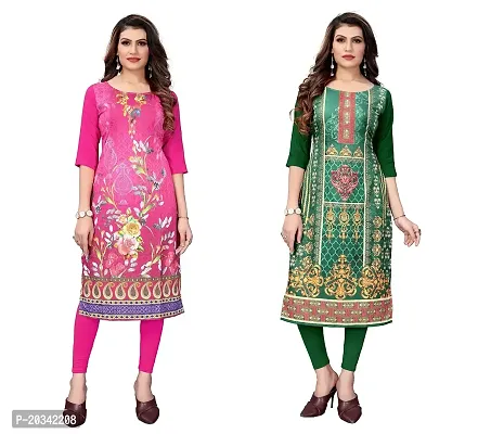 SANSKRUTI FASHION Women's Crepe Digital Print Straight Kurta(Pack of 2) (L, HOTPINKForestGreen)