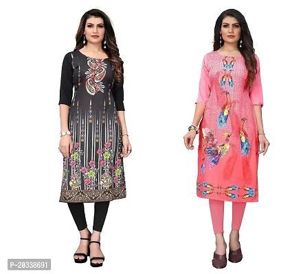 SANSKRUTI FASHION Women's Crepe Digital Print Straight Kurta(Pack of 2) (S, BlackRosepink)