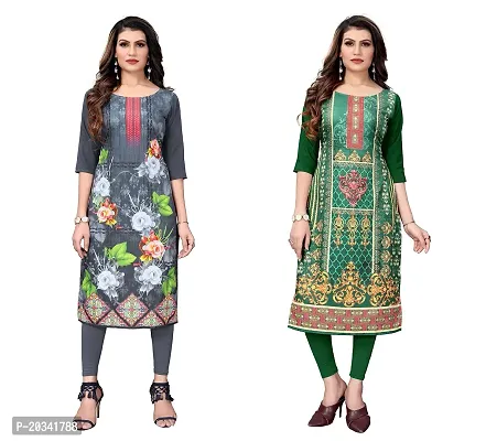 SANSKRUTI FASHION Women's Crepe Digital Print Straight Kurta(Pack of 2) (M, LIGHTGREYForestGreen)-thumb0