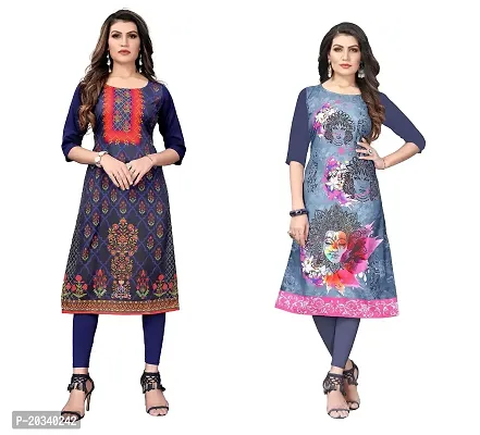 SANSKRUTI FASHION Women's Crepe Digital Print Straight Kurta(Pack-2) (L, BlueSLATEGREY)