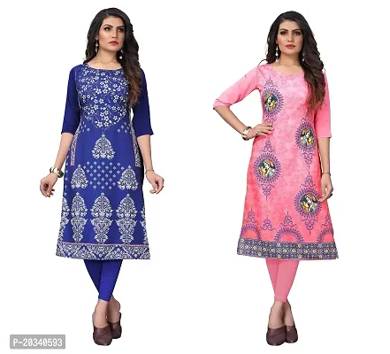 SANSKRUTI FASHION Women's Crepe Digital Print Straight Kurta(Pack of 2) (S, BLUEVIOLOTTOMATOPINK)-thumb0