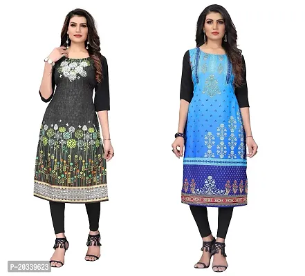 SANSKRUTI FASHION Women's Crepe Digital Print Straight Kurta(Pack of 2) (XXL, DARKBLACKBabyblue)