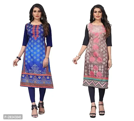 SANSKRUTI FASHION Women's Crepe Digital Print Straight Kurta(Pack of 2) (L, NAVYBLUEBABYGREEN)-thumb0