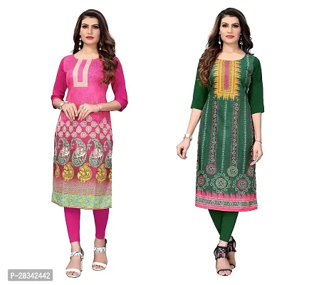 SANSKRUTI FASHION Women's Crepe Digital Print Straight Kurta(Pack of 2) (S, PinkLightGreen)-thumb0