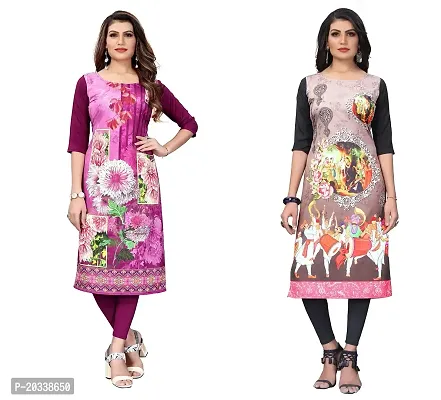 SANSKRUTI FASHION Women's Crepe Digital Print Straight Kurta(Pack of 2) (XXL, PURPELCream)-thumb0