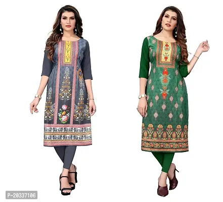 SANSKRUTI FASHION Women's Crepe Digital Print Straight Kurta(Pack of 2) (XL, GreyGreen)