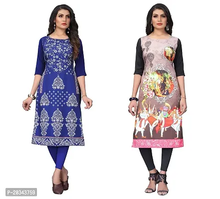 SANSKRUTI FASHION Women's Crepe Digital Print Straight Kurta(Pack of 2) (S, BLUEVIOLOTCream)-thumb0