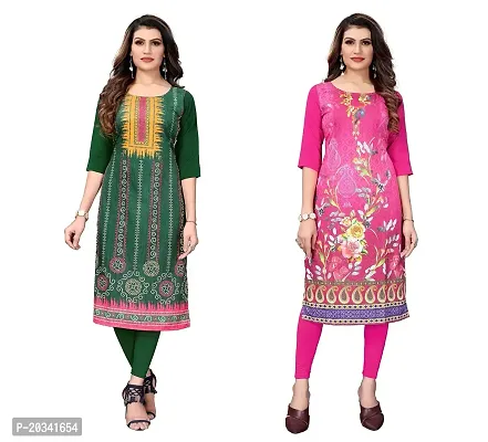 SANSKRUTI FASHION Women's Crepe Digital Print Straight Kurta(Pack of 2) (S, LightGreenHOTPINK)