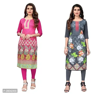 SANSKRUTI FASHION Women's Crepe Digital Print Straight Kurta(Pack of 2) (M, PinkLIGHTGREY)