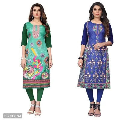 SANSKRUTI FASHION Women's Crepe Digital Print Straight Kurta(Pack 2) (L, DarkGreenDODGEBLUE)-thumb0