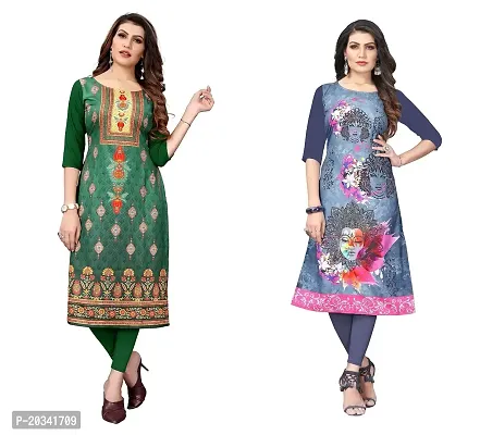 SANSKRUTI FASHION Women's Crepe Digital Print Straight Kurta(Pack of 2) (S, GreenSLATEGREY)-thumb0