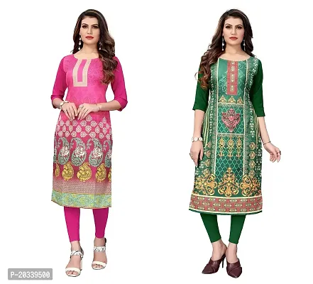 SANSKRUTI FASHION Women's Crepe Digital Print Straight Kurta(Pack of 2) (M, PinkForestGreen)-thumb0