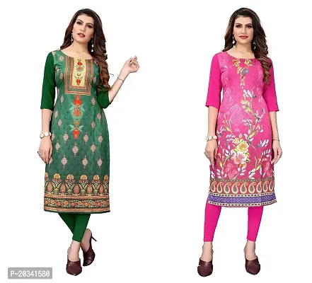 SANSKRUTI FASHION Women's Crepe Digital Print Straight Kurta(Pack of 2) (S, GreenHOTPINK)