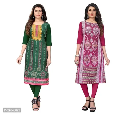 SANSKRUTI FASHION Women's Crepe Digital Print Straight Kurta(Pack of 2) (S, LightGreenDEEPPINK)