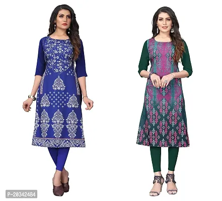 SANSKRUTI FASHION Women's Crepe Digital Print Straight Kurta(Pack of 2) (L, BLUEVIOLOTOliveGreen)-thumb0