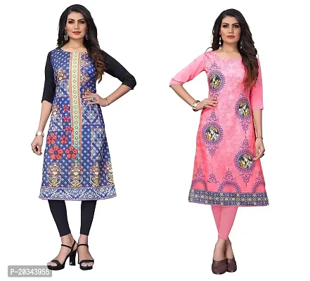 SANSKRUTI FASHION Women's Crepe Digital Print Straight Kurta(Pack of 2) (S, STEEBLUETOMATOPINK)