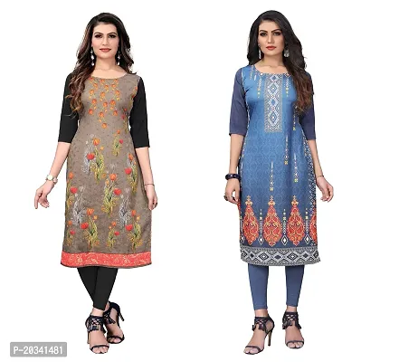 SANSKRUTI FASHION Women's Crepe Digital Print Straight Kurta(Pack of 2) (XXL, SADDLEBROWNBluegrey)-thumb0