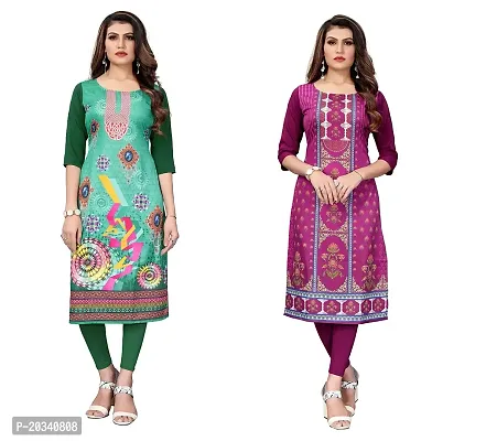 SANSKRUTI FASHION Women's Crepe Digital Print Straight Kurta(Pack of 2) (L, DarkGreenDARKPURPEL)