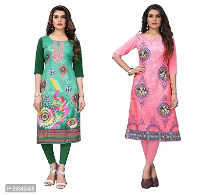 SANSKRUTI FASHION Women's Crepe Digital Print Straight Kurta(Pack 2) (S, DarkGreenTOMATOPINK)