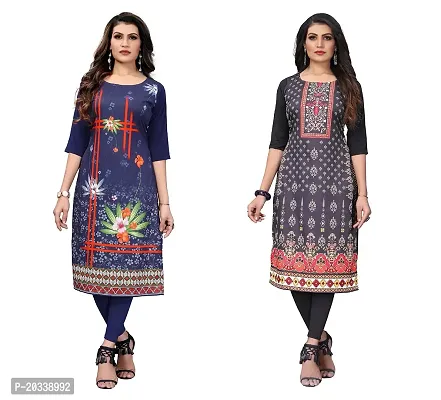 SANSKRUTI FASHION Women's Crepe Digital Print Straight Kurta(Pack of 2) (XL, DARKBLUEREDBLACK)-thumb0