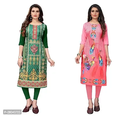 SANSKRUTI FASHION Women's Crepe Digital Print Straight Kurta(Pack of 2) (L, ForestGreenRosepink)-thumb0