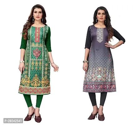 SANSKRUTI FASHION Women's Crepe Digital Print Straight Kurta(Pack of 2) (XL, ForestGreenSILVERBLACK)-thumb0