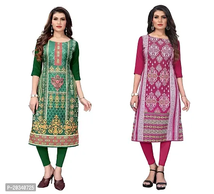 SANSKRUTI FASHION Women's Crepe Digital Print Straight Kurta(Pack of 2) (XL, ForestGreenDEEPPINK)-thumb0