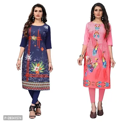 SANSKRUTI FASHION Women's Crepe Digital Print Straight Kurta(Pack of 2) (S, DARKBLUERosepink)-thumb0