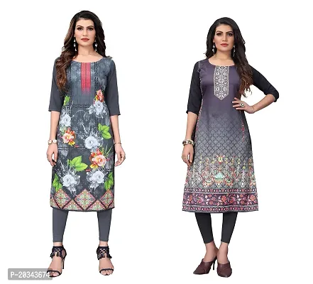 SANSKRUTI FASHION Women's Crepe Digital Print Straight Kurta(Pack of 2) (L, LIGHTGREYSILVERBLACK)