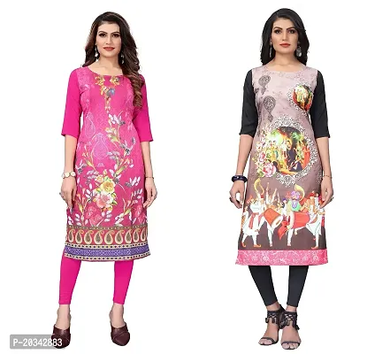 SANSKRUTI FASHION Women's Crepe Digital Print Straight Kurta(Pack of 2) (M, HOTPINKCream)-thumb0