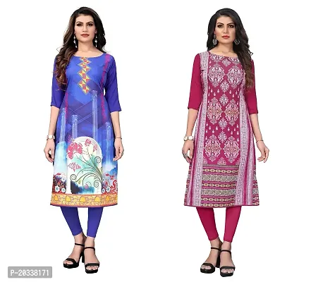 SANSKRUTI FASHION Women's Crepe Digital Print Straight Kurta(Pack of 2) (M, BlueDEEPPINK)-thumb0