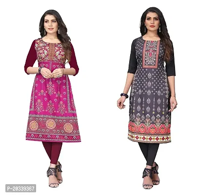 SANSKRUTI FASHION Women's Crepe Digital Print Straight Kurta(Pack of 2) (L, PURPELREDBLACK)-thumb0