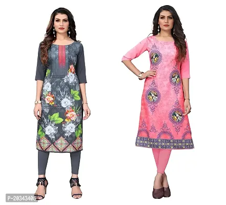 SANSKRUTI FASHION Women's Crepe Digital Print Straight Kurta(Pack of 2) (S, LIGHTGREYTOMATOPINK)-thumb0