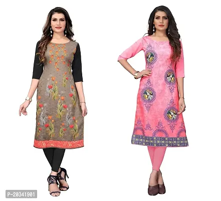 SANSKRUTI FASHION Women's Crepe Digital Print Straight Kurta(Pack of 2) (M, SADDLEBROWNTOMATOPINK)-thumb0