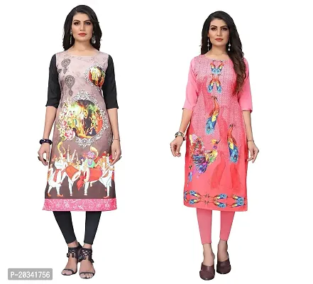 SANSKRUTI FASHION Women's Crepe Digital Print Straight Kurta(Pack of 2) (XL, CreamRosepink)-thumb0