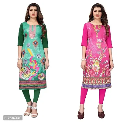 SANSKRUTI FASHION Women's Crepe Digital Print Straight Kurta(Pack 2) (M, DarkGreenHOTPINK)-thumb0