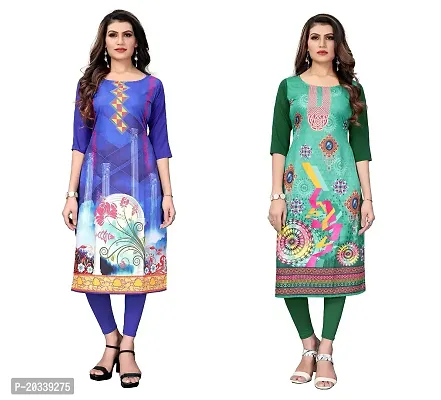 SANSKRUTI FASHION Women's Crepe Digital Print Straight Kurta(Pack of 2) (M, BlueDarkGreen)-thumb0