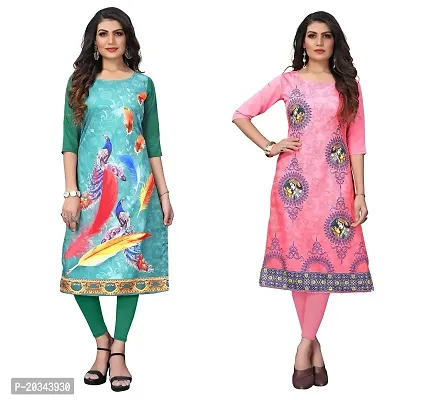 SANSKRUTI FASHION Women's Crepe Digital Print Straight Kurta(Pack of 2) (M, SeagreenTOMATOPINK)