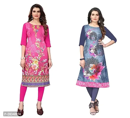 SANSKRUTI FASHION Women's Crepe Digital Print Straight Kurta(Pack of 2) (M, HOTPINKSLATEGREY)-thumb0