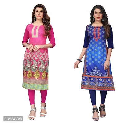 SANSKRUTI FASHION Women's Crepe Digital Print Straight Kurta(Pack 2) (XL, PinkNAVYBLUE)-thumb0