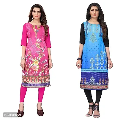 SANSKRUTI FASHION Women's Crepe Digital Print Straight Kurta(Pack of 2) (S, HOTPINKBabyblue)-thumb0