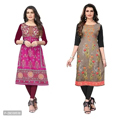 SANSKRUTI FASHION Women's Crepe Digital Print Straight Kurta(Pack of 2) (S, PURPELSADDLEBROWN)