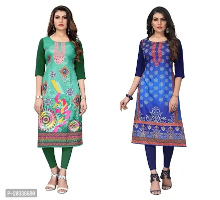 SANSKRUTI FASHION Women's Crepe Digital Print Straight Kurta(Pack of 2) (XXL, DarkGreenNAVYBLUE)