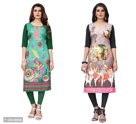 SANSKRUTI FASHION Women's Crepe Digital Print Straight Kurta(Pack 2) (M, DarkGreenCream)