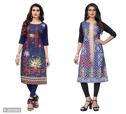 SANSKRUTI FASHION Women's Crepe Digital Print Straight Kurta(Pack of 2) (S, DARKBLUESTEEBLUE)