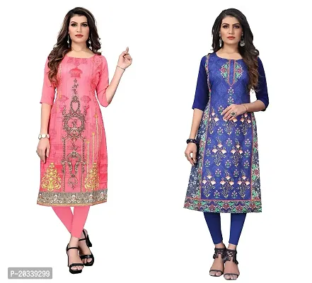 SANSKRUTI FASHION Women's Crepe Digital Print Straight Kurta(Pack of 2) (XL, CORALPINKDODGEBLUE)-thumb0