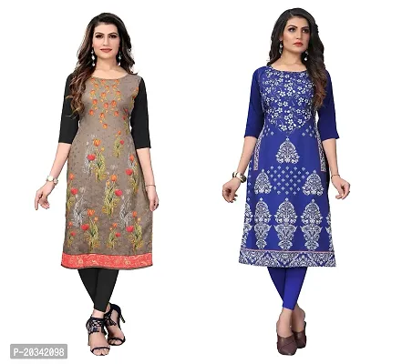 SANSKRUTI FASHION Women's Crepe Digital Print Straight Kurta(Pack of 2) (L, SADDLEBROWNBLUEVIOLOT)