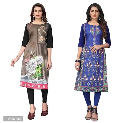 SANSKRUTI FASHION Women's Crepe Digital Print Straight Kurta(Pack of 2) (L, WHITEBLACKDODGEBLUE)